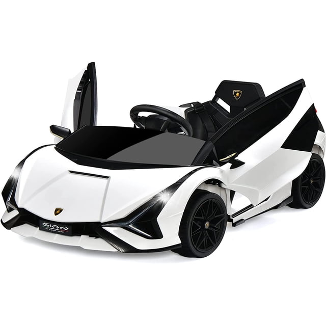 OLAKIDS 12V Licensed Lamborghini Sian Kids Ride On Car with a sleek white finish, carbon fiber textured accents, realistic LED headlights, and signature Lambo doors. This electric toy roadster includes a parent remote control, spring suspension, and built-in MP3 player for toddlers aged 37-95 months. Features slow start technology, adjustable seat belts, and hidden wheels for easy transport, making it a safe and stylish powered ride-on for outdoor play.