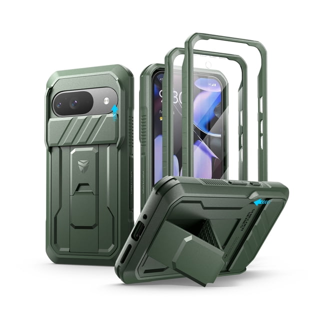 Dexnor for Google Pixel 9 case in green featuring a rugged full-body design with a slide camera cover, built-in PET screen protector, and heavy-duty kickstand. Shockproof case with TPU bumpers and PC back for military-grade protection, ideal for outdoor adventures. Compatible exclusively with Google Pixel 9.
