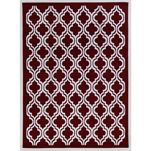 Capri Quatrefoil Red & Cream 6' 5" x 9' 3" area rug featuring a repeating cream quatrefoil pattern on a red polypropylene flat cut pile, machine woven in Turkey with serged edges, ideal for defining spaces in small rooms and often used as a decorative accent rug in transitional home decor.