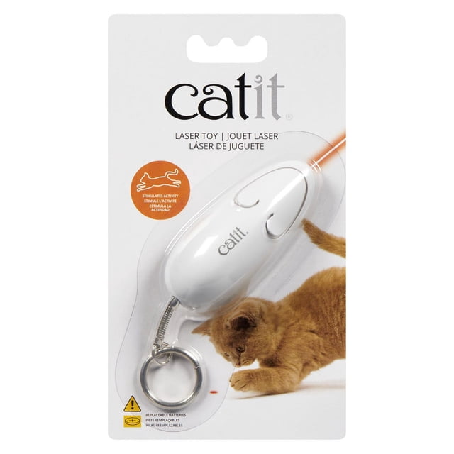 Catit Laser Cat Toy, a compact white mouse-shaped laser pointer with a metal keyring, shown in retail packaging featuring a brown kitten chasing the red laser dot, designed to stimulate feline activity and encourage play.