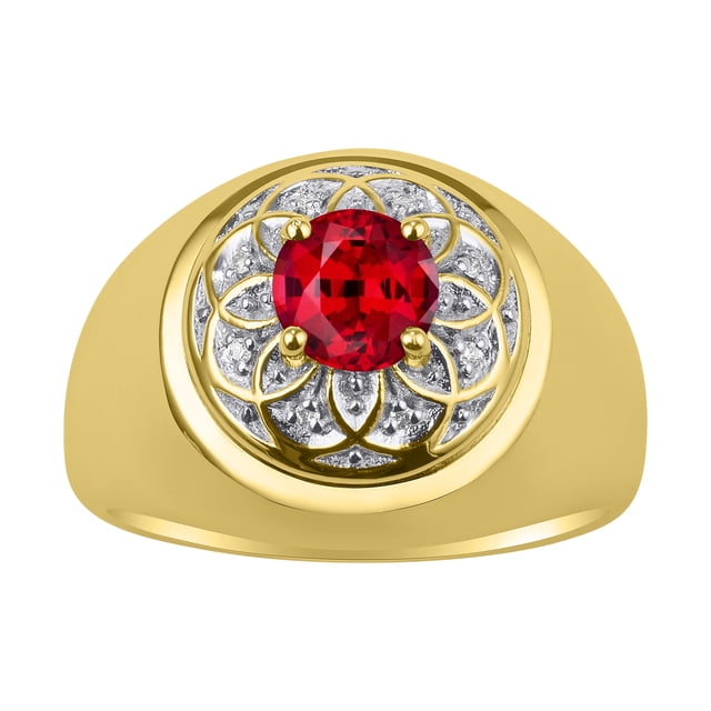 RYLOS Men's Rings 14K Yellow Gold Designer Gypsy 7MM Round Gemstone & Diamond Ring Ruby July Birthstone Rings Size 10