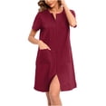 thumbnail image 2 of Besolor Robe de Pyjama à Manches Courtes pour Femmes, Fermeture Éclair, Col Ras du Cou, Été, Longueur Genou, Peignoirs, Chemise de Nuit avec Poches, 2 of 7