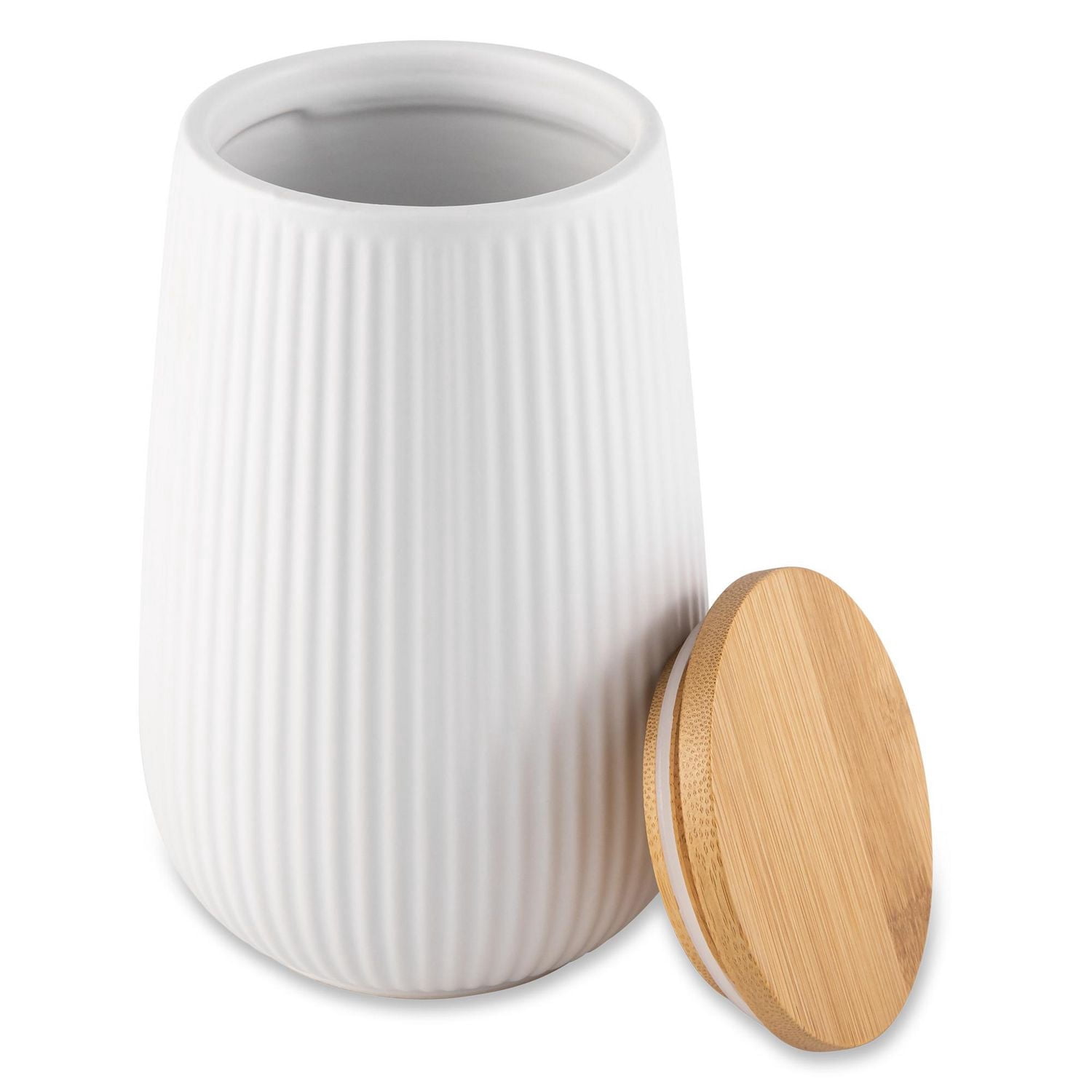 Thyme & Table, grand récipient de rangement de cuisine en céramique nervuré avec couvercle en bambou, blanc