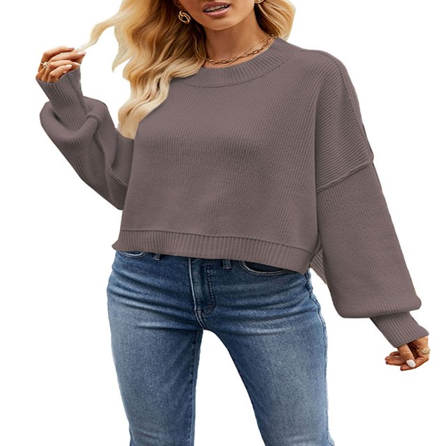 Chandail en Tricot pour Femmes Manches Longues Col Rond Uni Ample Chandail Chaud