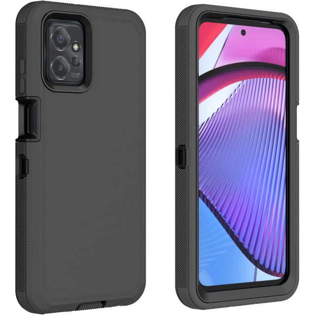 Motorola Moto G Play 2024 Hard Defender Case with heavy-duty triple-layer armor construction, shockproof protection, reinforced corners, and precise cutouts for buttons and ports. Includes a dust plug for the charging port and raised edges to safeguard the screen and camera, displayed in dark grey.