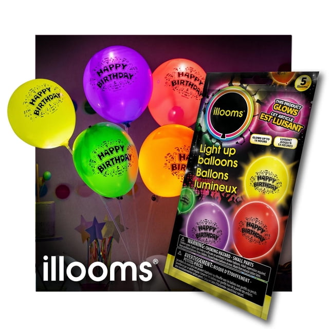 Joyeux Anniversaire Ensemble Mixte de 5 Ballons à DEL avec Cinq Ballons Multicolores en Jaune, Violet, Rouge, Vert et orange avec Texte « Joyeux Anniversaire » et Graphiques de Confettis, Illuminés par des DEL Intégrées Luisant jusqu'à 15 Heures, Montrés avec illooms Emballés dans un Décor de Fête à Faible Éclairage, Idéal pour les Décorations de Fête d'Anniversaire.