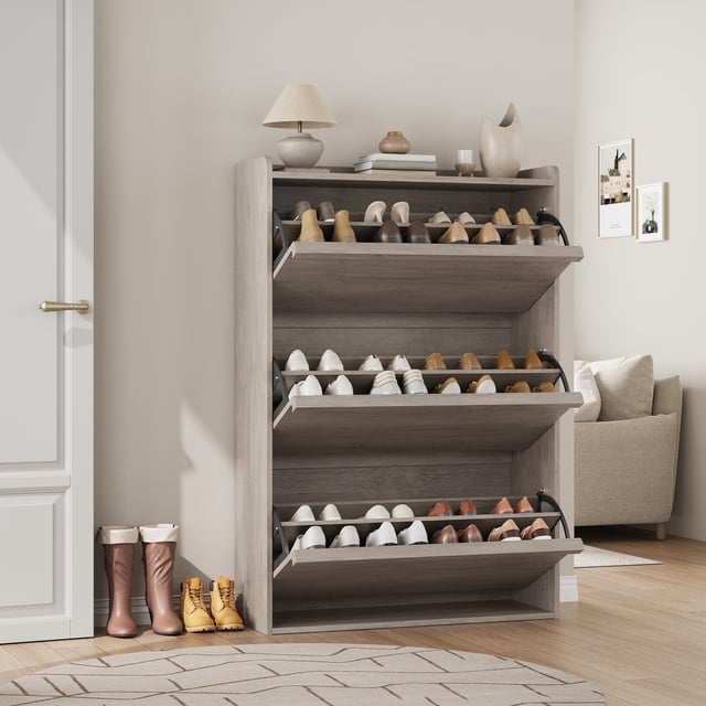AKDSteel Shoe Cabinet with 3 Flip Drawers, Wooden Shoe Organizer with Adjustable Shelf, Grey