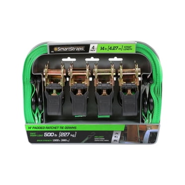 14' 1500 lb Padded Ratchet Tie Down 4 Pk Green
