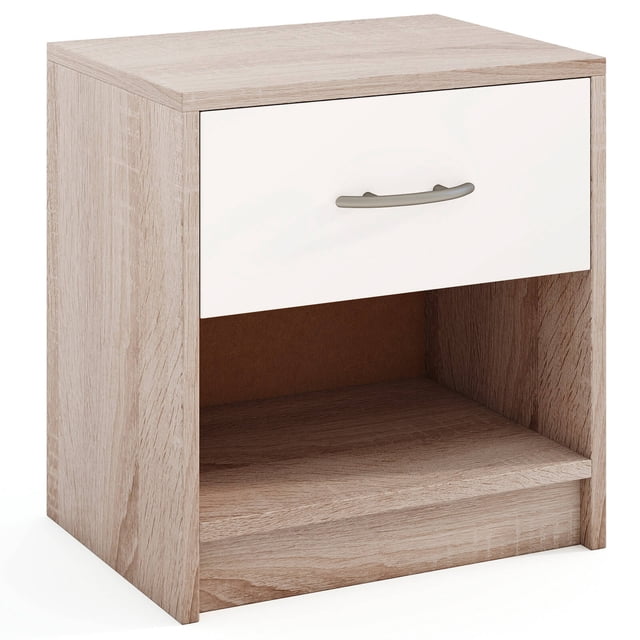 Costway Modern Nightstand Bedside Table with Drawer Open Storage Shelf for Small Spaces in natural and white finish. Made of engineered wood, it features a spacious top, pull-out drawer with a sleek handle, and an open bottom shelf for versatile storage. Equipped with anti-slip foot pads for stability, this compact design is ideal for bedrooms, living rooms, or offices.