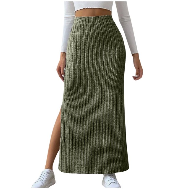 Jupe Crayon Midi Fendue en Tricot Côtelé Extensible Taille Haute pour Femmes
