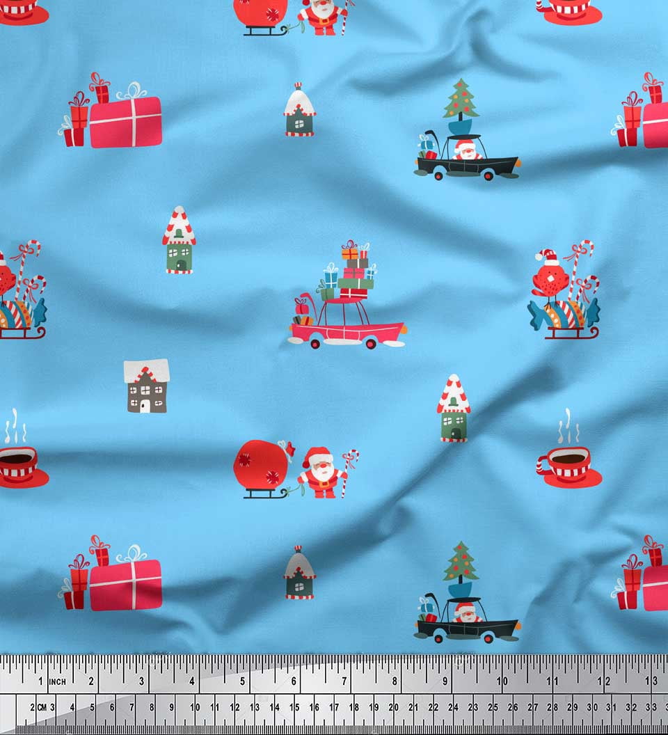 Soimoi Modal Satin Fabric House,Gift Box & Santa Christmas Decor Fabric Printed Yard 42 Inch Wide
