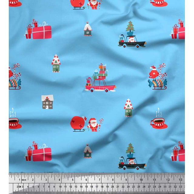 Soimoi Georgette Viscose Fabric House,Gift Box & Santa Christmas Print Fabric by Yard 42 Inch Wide