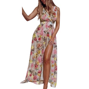 HAWEE Robe Décontractée à Col en V pour Femme, Été, Dos Nu, Imprimé Floral, Sans Manches, Robe Maxi pour Plage et Fête