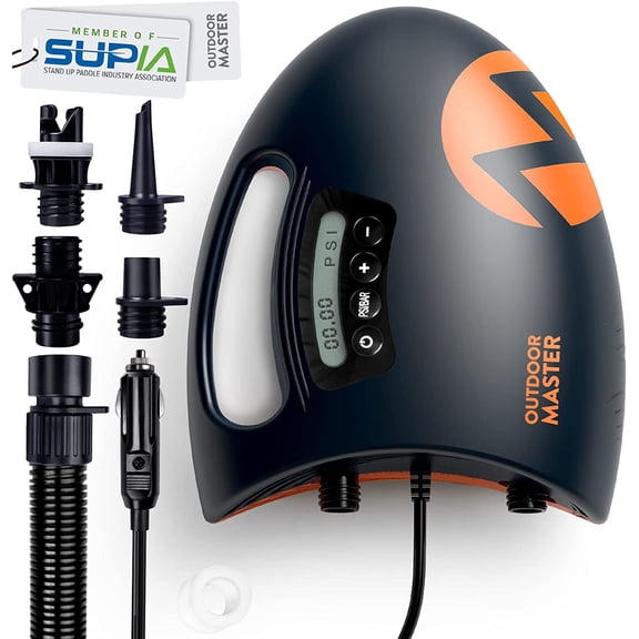 OutdoorMaster Pompe à Air Haute Pression 20 Psi Type SUP The Shark - Fonction Intelligente de Gonflage à Double Étage et d'Arrêt Automatique, Fonction de Dégonflage, Connecteur de Voiture 12 V C.c., pour Planches à Pagaie Gonflables, Bateaux