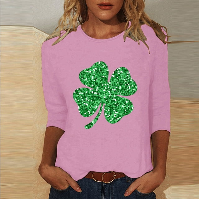 St. Patricks Day Ladies' St. Patricks Day Printed Round Neck Three Quarter Sleeve 3/4 Sleeve T-Shirt Loose Top