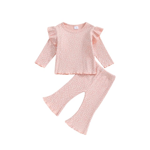 Gupgi 2Pcs Baby Girl Fall Outfits Ruffle Infant Long Sleeve Sport Print Tops + Flare Pants Set Toddler Clothes