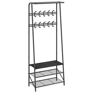 Banc de chaussures en manteau, 4-in-1 Hall Trees Entryway Banc avec rack en manteau et rack de chaussures, Wood Look Meubles Accent avec plateau de rangement de cadre en acier et barre de suspension, industriel, Rustique noir