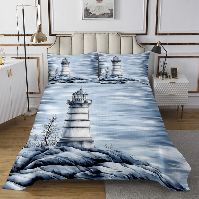 Erosebridal Lighthouse Coverlet Set Twin, Coastal Scenery Bedding Set, Nautical Ocean Decor 2pcs