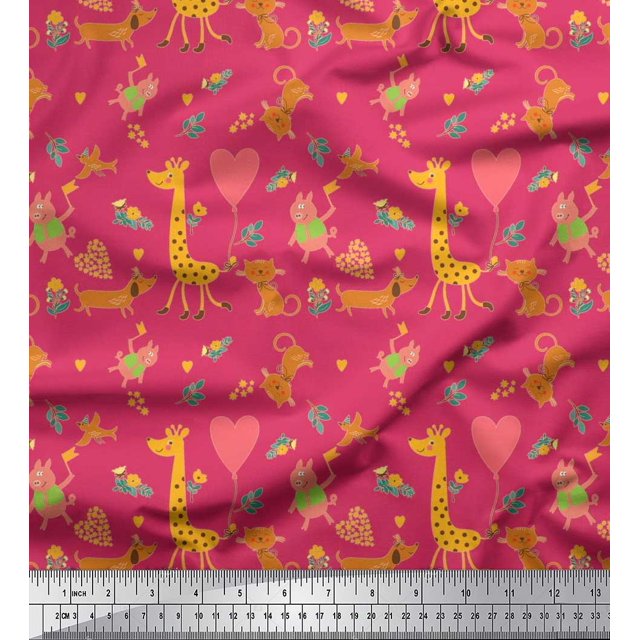 Soimoi Polyester Crepe Fabric Balloon,Floral & Cute Animals Cartoon Print Sewing Fabric Yard 52 Inch Wide