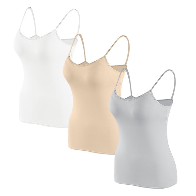 Timegard Camisoles pour Femmes 3 Pcs avec Soutien-Gorge Intégré Col Rond Bretelles Spaghetti Ajustées Douces Maillots de Corps Décontractés Hauts de Pyjama