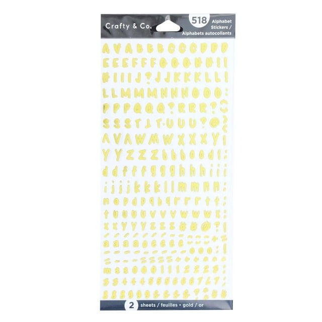 CRAFTY & CO. Alphabet Stickers, Gold, Decorative, 518 pcs, showing two sheets of small gold alphabet and symbol stickers on white backing, ideal for scrapbooking, personalizing notebooks, and paper crafts.
