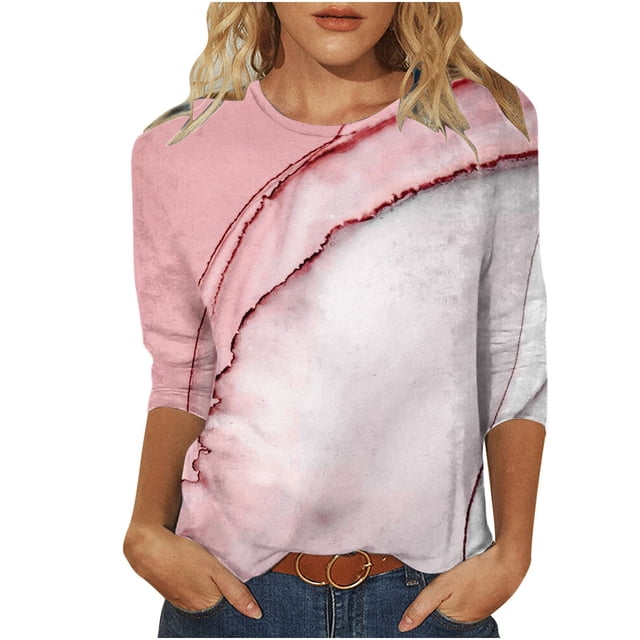 FAIWAD Femmes Bloc de Couleur 3/4 Chemises Col Rond Blouses Décontractées Élégantes Grande Taille Tunique de Sortie