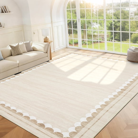 Nanan Tapis Moderne Lavable 9 Pieds X 12 Pieds, Bordure Festonnée Antidérapante à Poils Courts, Résistant aux Taches, Tapis Intérieur Doux pour Salon Chambre Salle à Manger, Beige Camel