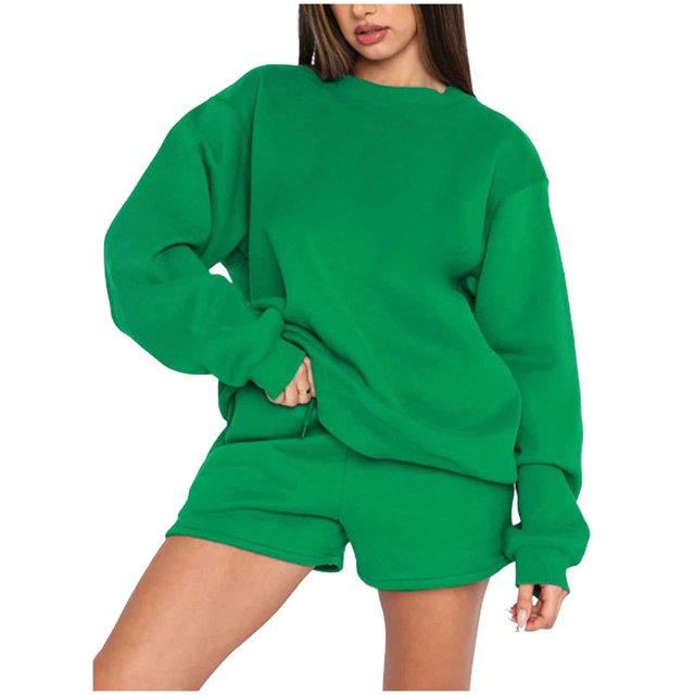 IROINNID Survêtement pour Femmes Ensemble 2 Pcs Col Rond Réduit Chandail à Enfiler Manches Longues Chandail Ample Décontracté Ensemble de Shorts Tenue de Sport, Vert