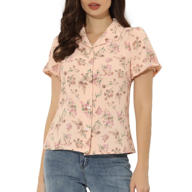 Unique Bargains Chemise à Manches Courtes à Col Cranté Boutonnée à Fleurs pour Femmes Rose TP