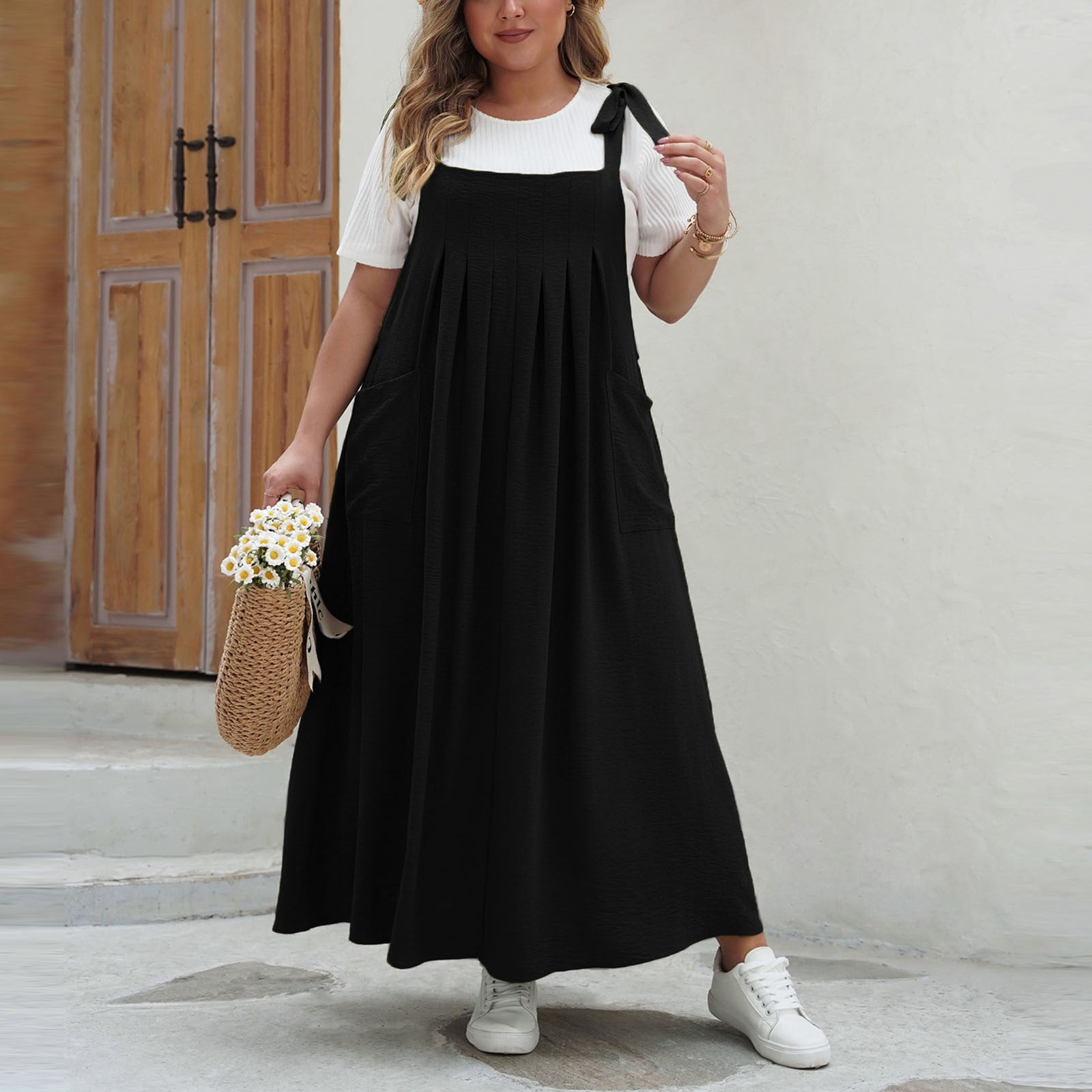 RKSTN Dresses for Women Bib Overall Jumper Dress Plus Size Solid
