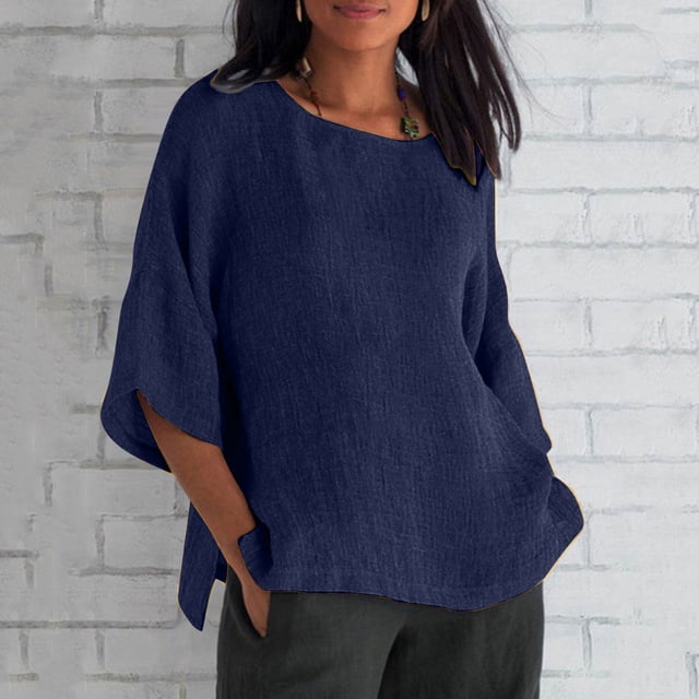 DPTALR Blouse Chemise Ample en Coton à Manches Courtes d'Été pour Femme à Col Rond