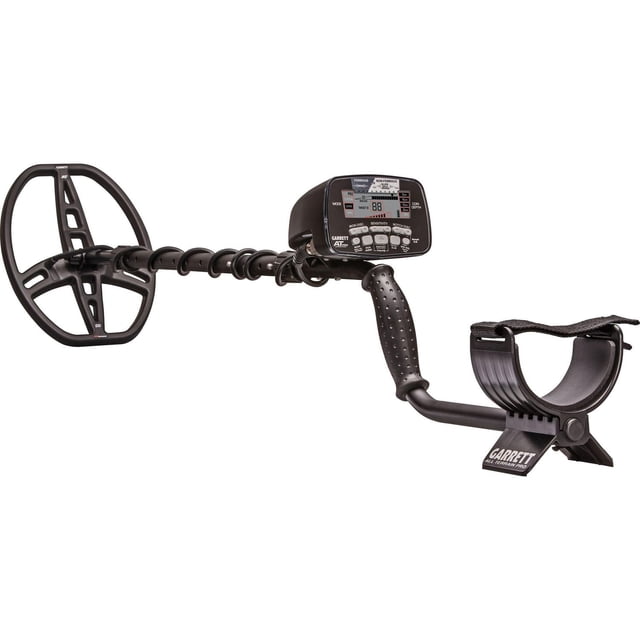 Garrett AT PRO Hand Held Waterproof Metal Detector with Headphones in black, featuring a curved shaft with textured grip, adjustable armrest with strap, digital control panel with display and buttons, and an 8.5” x 11” DD Proformance searchcoil, ideal for shallow water and land metal detecting.