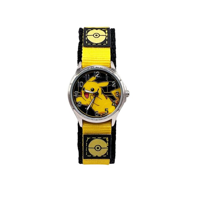 Pokemon Boys Analog Watch with silver metal case, black dial featuring yellow Pikachu graphic, black and yellow fastwrap strap with Pokeball icons, quartz movement, and easy-to-read numbers, ideal for young Pokemon fans.