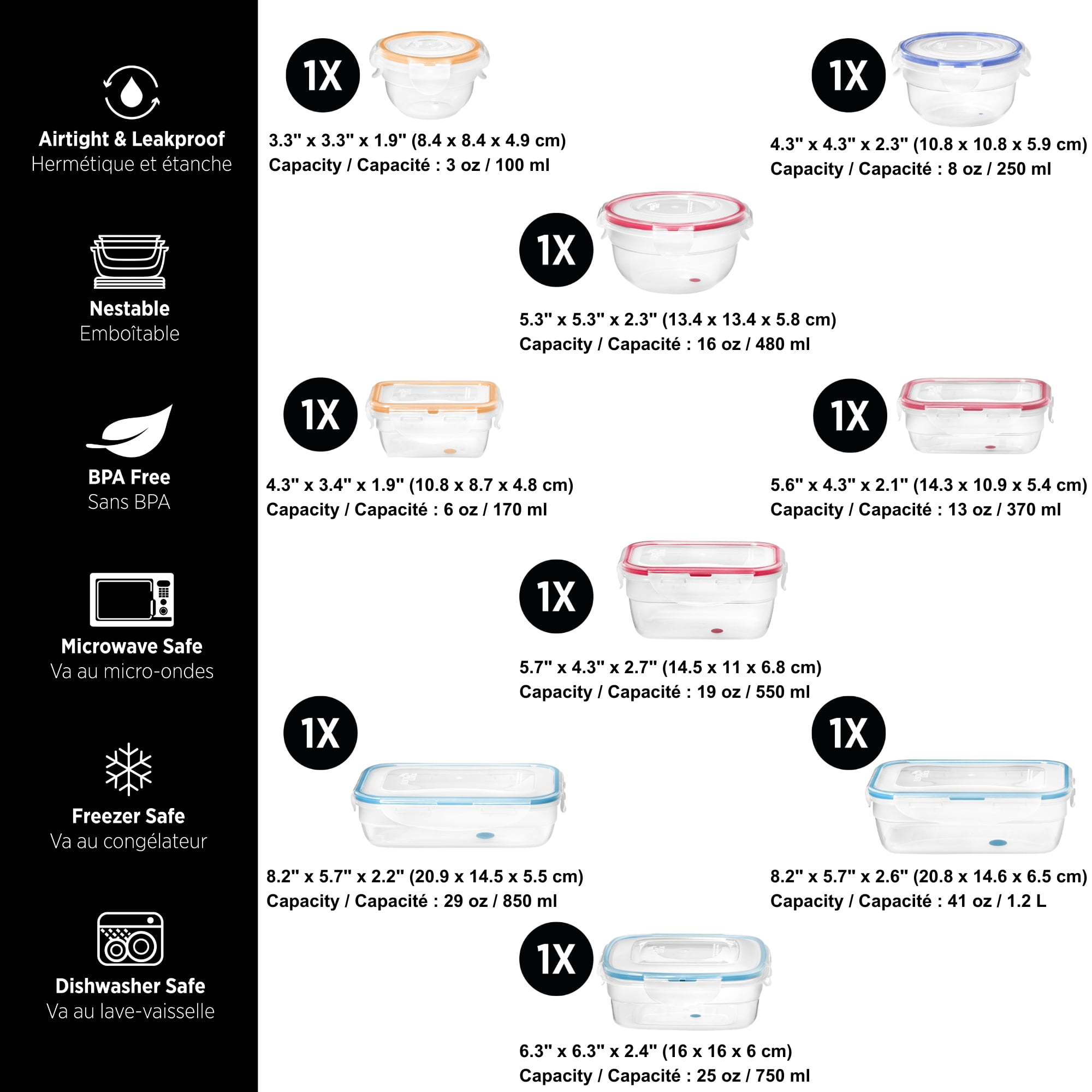 Starfrit LocknLock Easy Match ensemble pour le lunch de 18-pièces, Contenants de rangement en plastique avec couvercles