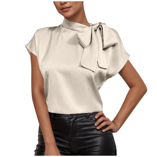 Pisexur Hauts pour Femmes Blouses pour Femmes Mode Décontractée Chic Été Couleur Unie Col Rond Manches Courtes Chemises Haut Blouse, Hauts pour Femmes Tendance Beige,G