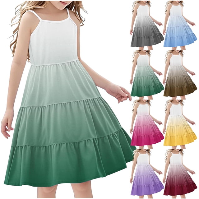 Tranfacy Robes d'Été pour Ados, Robe d'Été pour Filles, Robe d'Été Boho pour Fille 4-14 Ans à Dégradé de Couleurs, Décontractée, Sans Manches, à Étages, Style Nuisette