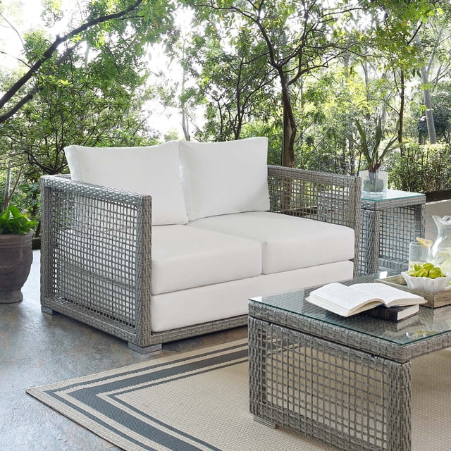 Modway Aura Causeuse de Patio Extérieure Moderne en Rotin et Tissu, Gris Blanc