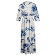 thumbnail image 5 of Women's Fashion Floral Boho Lapel V Neck Button Flowy Fall Dress Elegant Casual Drawstring Summer Tea Length A Line Dress 3/4 Sleeve Spring Clearance Workout Blue XL, 5 of 5
