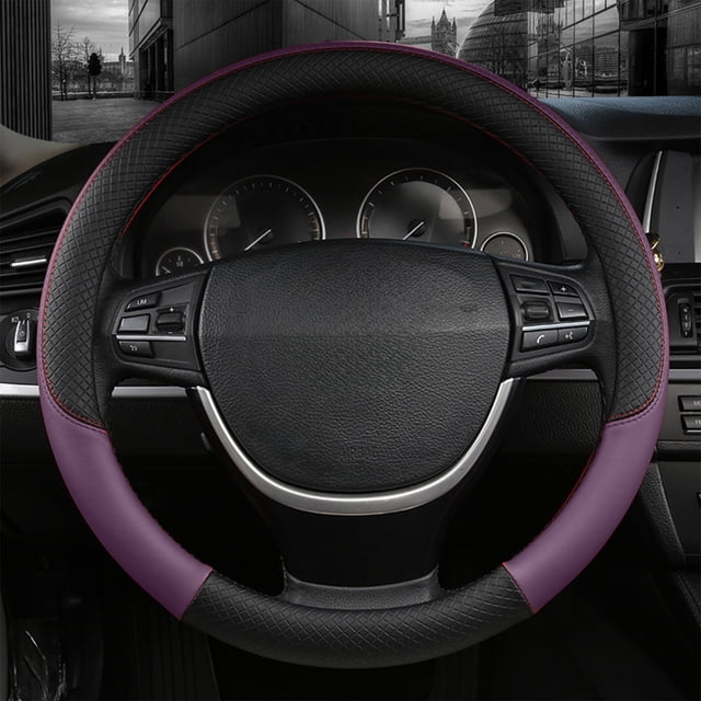 EGNMCR steering wheel cover made of breathable polyurethane leather in purple and black, designed for summer and four-season use. Features anti-slip diamond texture for improved grip and handling stability. Fits most standard steering wheels and offers durability with reinforced stitching. Ideal as a steering wheel accessory for enhancing comfort and style in car interiors.