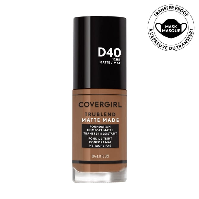 COVERGIRL Trublend Matte Made Foundation in shade D40, a 30 ml liquid foundation with a matte finish and transfer-resistant formula lasting up to 12 hours, featuring mattifying powders that absorb oil and minimize pores for a natural, comfortable matte look suitable for normal to oily skin.
