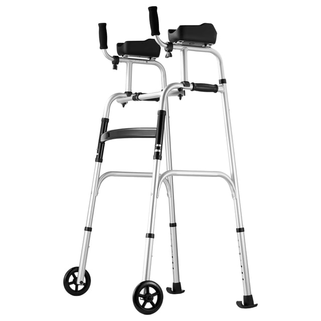 KFFKFF Folding Walker with Detachable Armrests, Customizable Height Foldable Walker Featuring 5" Sturdy Wheels, Lightweight Aluminum,Forward-Wheeling Assistance Device for Elderly, Disabled