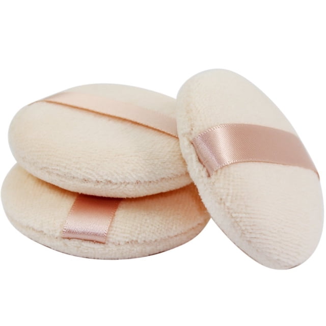 Powder Puff for Makeup Face Powder (3 Pieces) featuring three beige, round puffs with soft, fluffy cotton exteriors and satin ribbon straps for easy handling. Designed for applying body powder, loose face powder, or mineral powder, these puffs are washable, reusable, and skin-friendly. Ideal for setting makeup or applying bath powders.