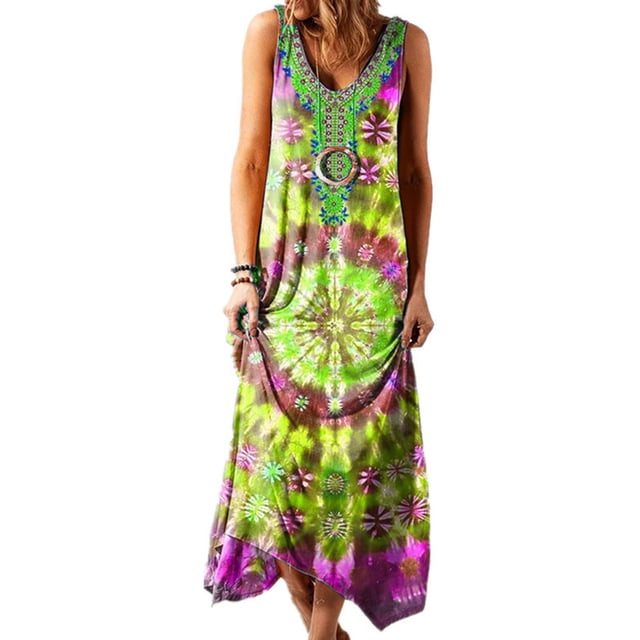 Innerwin Robe Longue à Col en V pour Femmes, Robe d'Été de Plage, Boîte de Nuit, Teinture sur Nœuds, Bohème, Maxi, Jaune, P