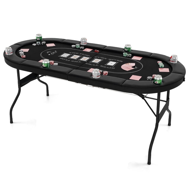 Gymax 8 Player Foldable Poker Table Portable Folding Texas Holdem Table w/Padded Rail Black. This rectangular poker table features a black casino-grade felt surface with markings for Texas Hold'em games. It accommodates up to 8 players, each with a padded armrest and a deep metal cup holder for drinks. The table is supported by a heavy-duty metal frame with non-slip foot pads and a triangular bracket for stability. It folds easily for storage and portability, making it ideal for game nights, family gatherings, or outdoor events.