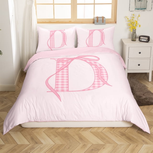 Erosebridal Housse de Couette Initiale de A à Z Simple, Literie Nœud D Taille Simple, Décor Monogrammé Dessin Animé, Réversible 2 Pcs