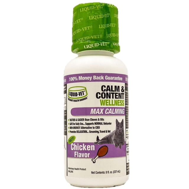 Liquid-Vet Feline Calm & Content Stress and Anxiety Relief for Cats 8 oz bottle in chicken flavor with green safety seal cap and purple label, designed to promote relaxation and support normal behavior during grooming, travel, and vet visits.