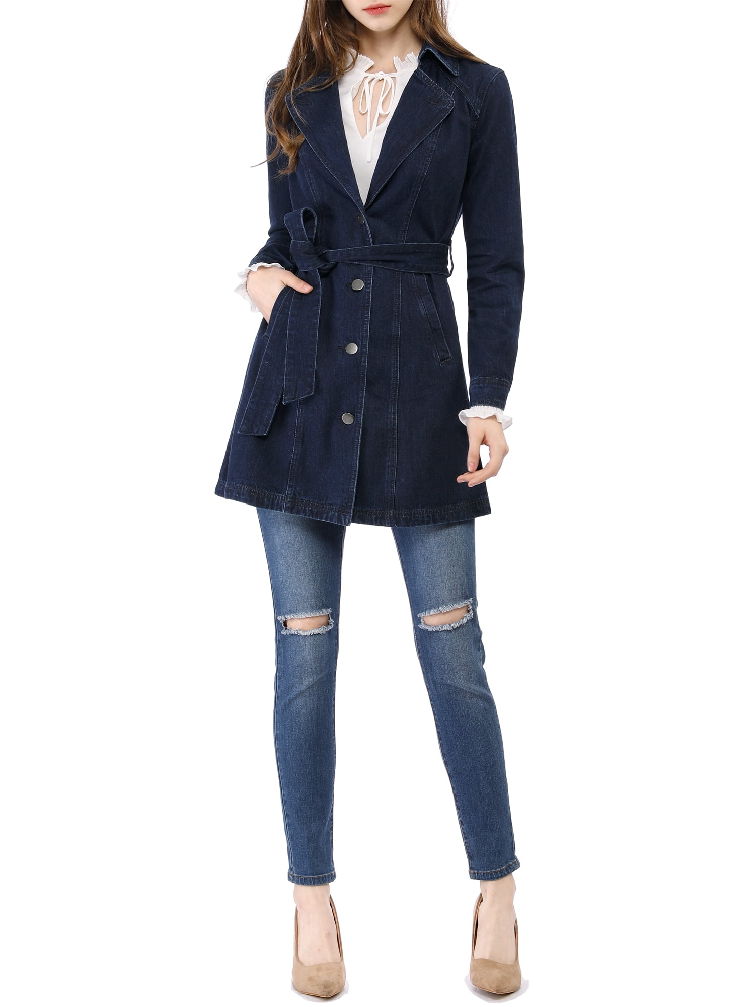 INSPIRE CHIC Veste en Denim Longue pour Femme à Revers Cranté, Manches Longues, Boutonnée, Ceinturée, m Bleu Foncé