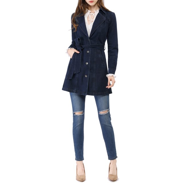 INSPIRE CHIC Veste en Denim Longue pour Femme à Revers Cranté, Manches Longues, Boutonnée, Ceinturée, TP Bleu Foncé
