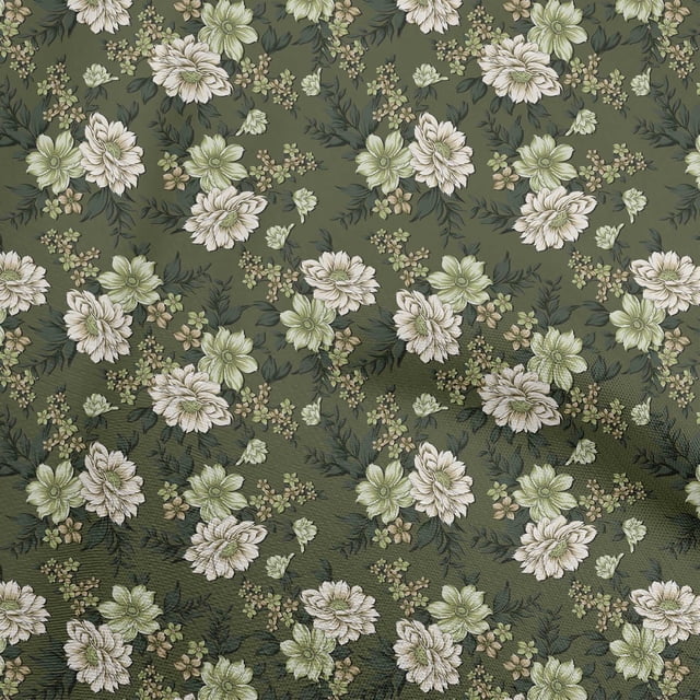 oneOone Tissu en Viscose Chiffon Vert Olive Foncé Floral Rétro Matériel de Robe Tissu Imprimé Tissu au Mètre 42 Pouces de Large