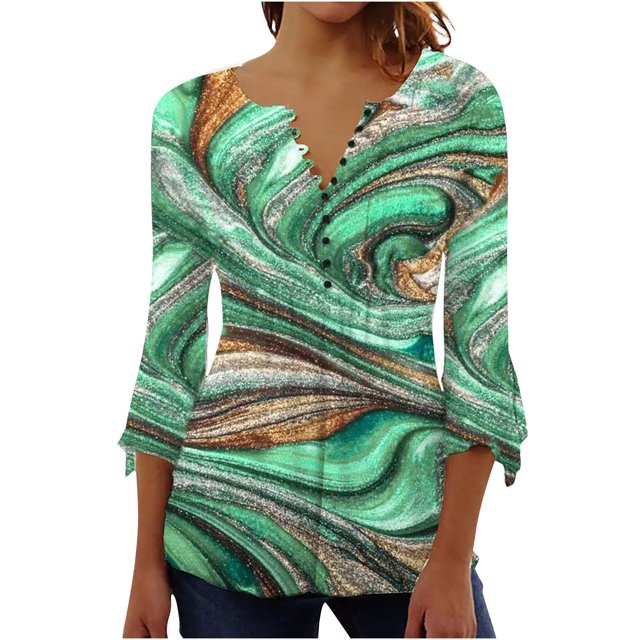 XZNGL 3/4 Sleeve Tops for Women Womens Casual Trumpet 3/4 Sleeve Printed Buttoned Basic Ruched Tops Pleated Blouses Women Blouses and Tops Fashion Womens Tops 3/4 Sleeve